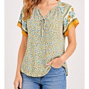 Floral Blouse Women's Small Tie Neck Blouse Small Cream Multi Boho Top